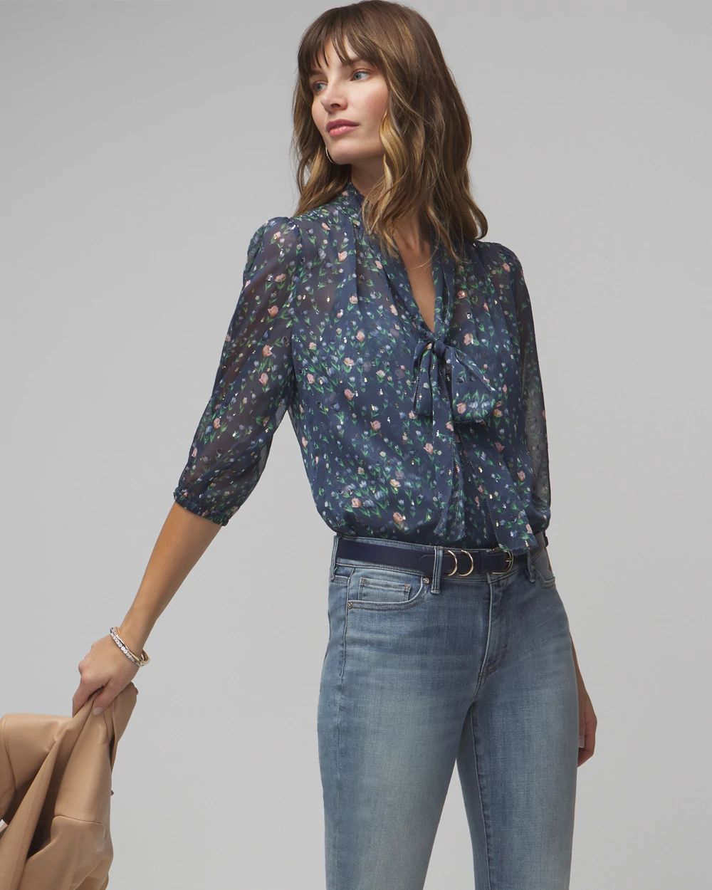 Petite Elbow Sleeve Tie Neck Blouse | White House Black Market